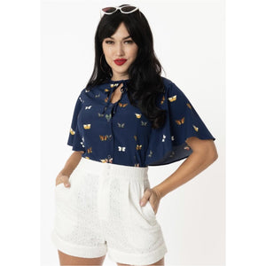 Unique Vintage Navy & Butterfly Print Cecilia Blouse