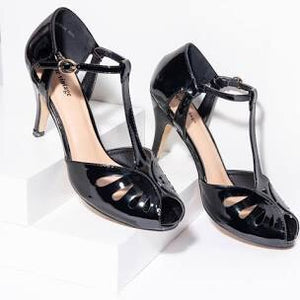 
            
                Load image into Gallery viewer, Unique Vintage Black Patent Leatherette Peep Toe T-Strap Everly Pumps
            
        