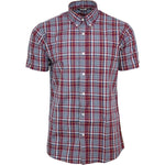 Mens Burgundy tartan-check-short-sleeved-shirt-mod-skin-retro-indie-60s-