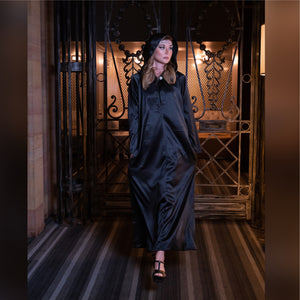 Black satin hooded gown