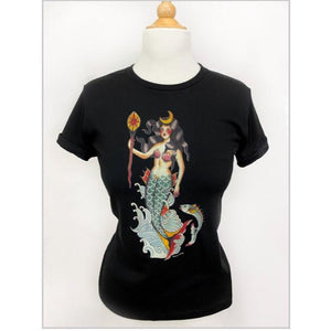 
            
                Load image into Gallery viewer, Queen of The Seven Seas T-shirt in Black Art by Mamzelle Peggy Sue
            
        