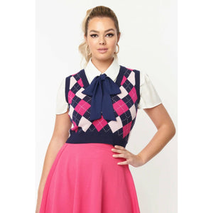 Navy & Pink Argyle Chandler Crop Sweater Vest