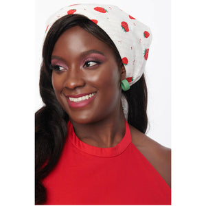 White & Red Strawberry Print Hair Scarf