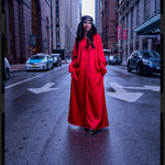 Red satin hooded gown