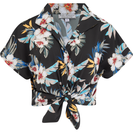 Tuck in or Tie Up "Maria" Blouse in Black Hawaiian Print, Authentic 1950s Tiki Style