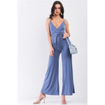 Steel Blue Sleeveless Deep Plunge V-Neck Self-Tie Waist Detail Wide Leg Jumpsuit