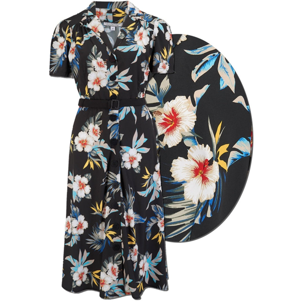 Charlene Shirtwaister Dress in Black Hawaiian Print 1950’s Style