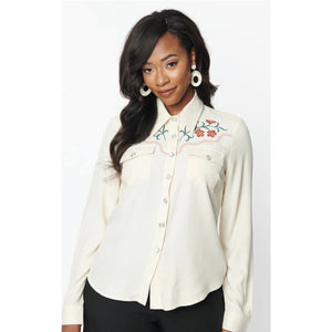 Cream & Embroidered Floral Yoke Blouse