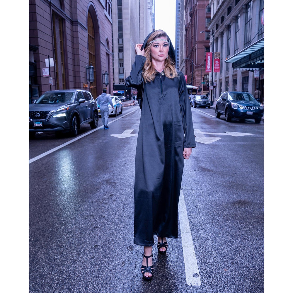 Black satin hooded gown