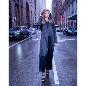 Black satin hooded gown