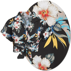 Tuck in or Tie Up "Maria" Blouse in Black Hawaiian Print, Authentic 1950s Tiki Style