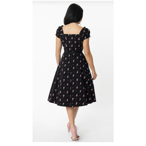 Unique Vintage Black & Pink Flamingo Print Ohara Swing Dress