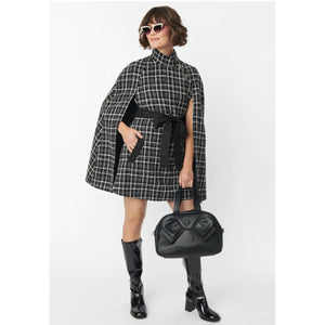 Smak Parlour Plus Size Black & White Tweed Plaid Savile Row Cape Coat
